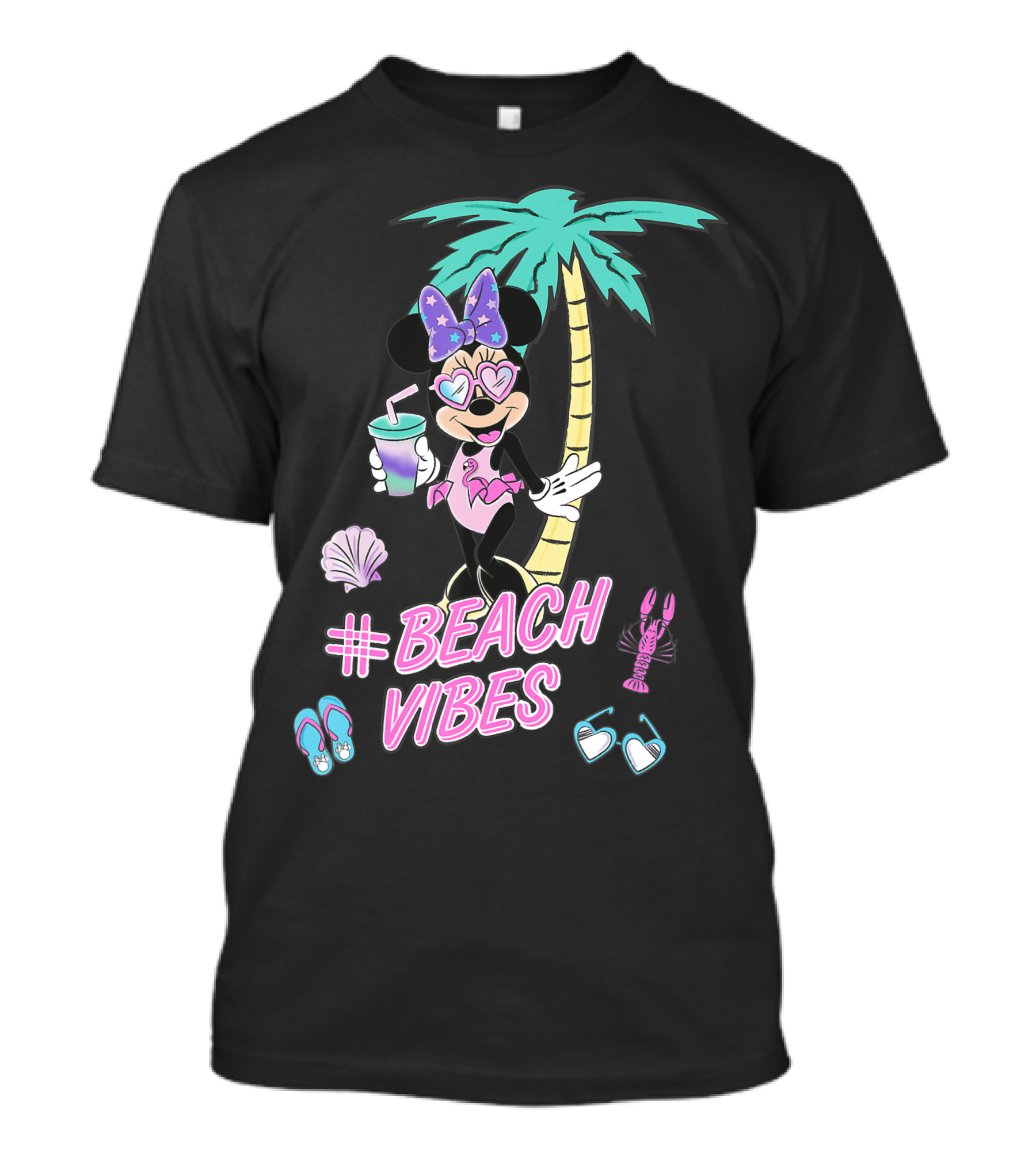 Disney Minnie Mouse Beach Vibes Palm Tree Shells Flip-Flops Drink Lobster Sunglasses T-Shirt