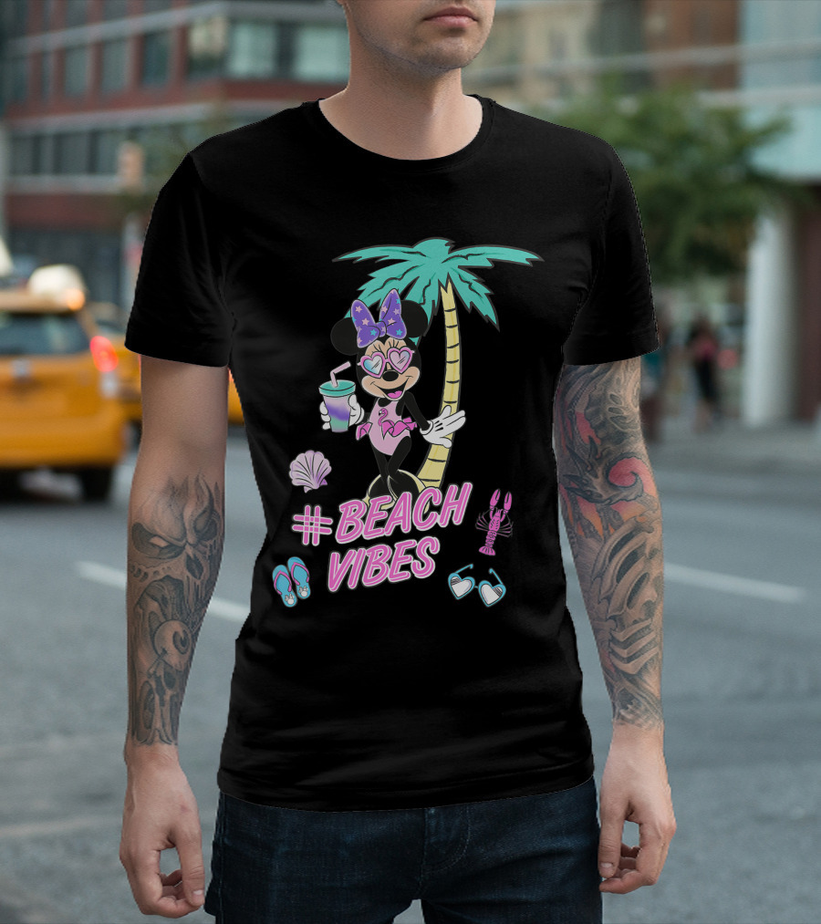 Disney Minnie Mouse Beach Vibes Palm Tree Shells Flip-Flops Drink Lobster Sunglasses T-Shirt