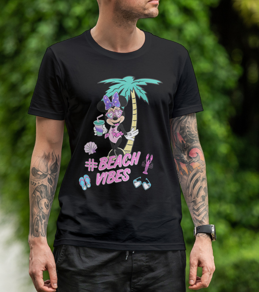Disney Minnie Mouse Beach Vibes Palm Tree Shells Flip-Flops Drink Lobster Sunglasses T-Shirt