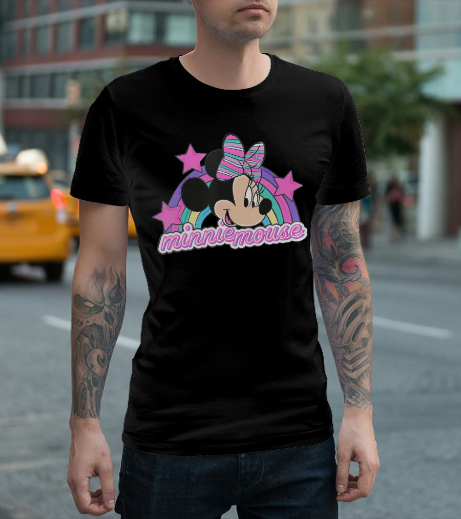 Disney Minnie Mouse Rainbow Stars Pink Bow T-Shirt