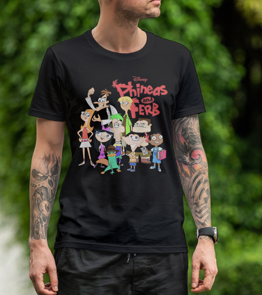 Disney Phineas And Ferb The Group Cast Duo Agent Perry Doofenshmirtz Adventure Team T-Shirt