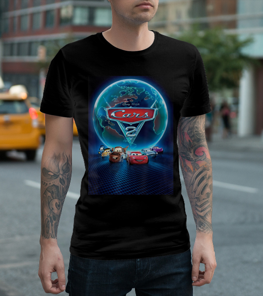 Disney Pixar Cars 2 Classic Movie Characters with Earth Background T-Shirt