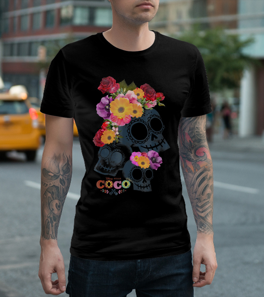 Disney Pixar Coco Floral Skulls with Colorful Flowers Calaveras T-Shirt