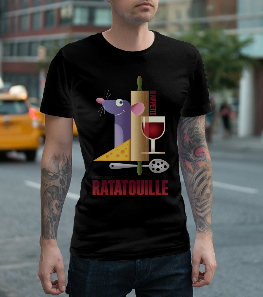 Disney Pixar Ratatouille Bon Appetit Wine Glass Cheese Rolling Pin Cooking Utensils T-Shirt