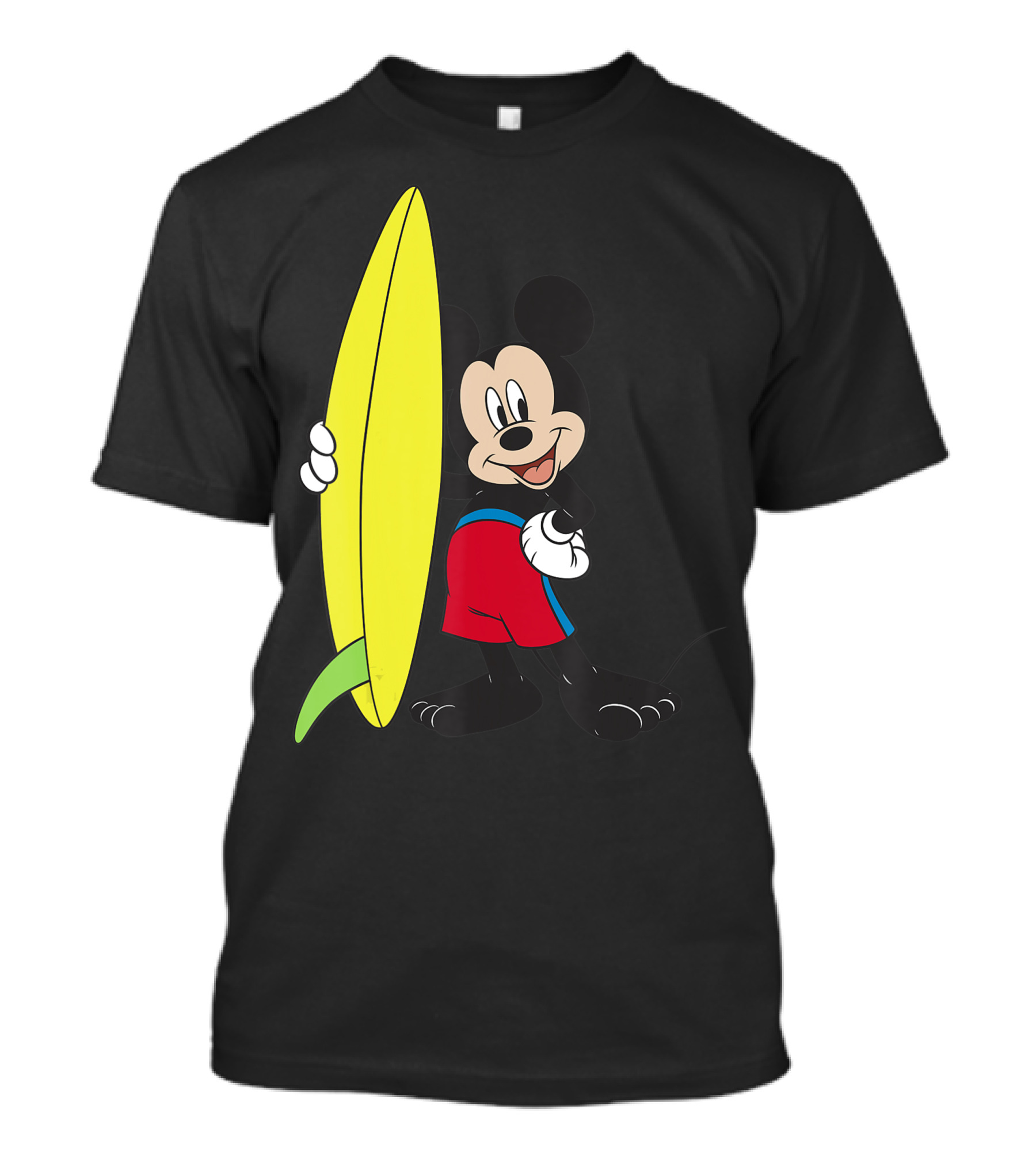 Disney Mickey Mouse Surfer Cartoon Character With Yellow Surfboard And Red Shorts T-Shirt