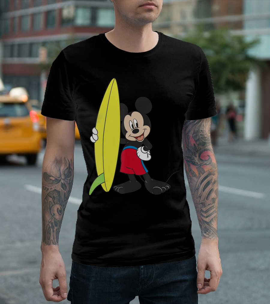 Disney Mickey Mouse Surfer Cartoon Character With Yellow Surfboard And Red Shorts T-Shirt