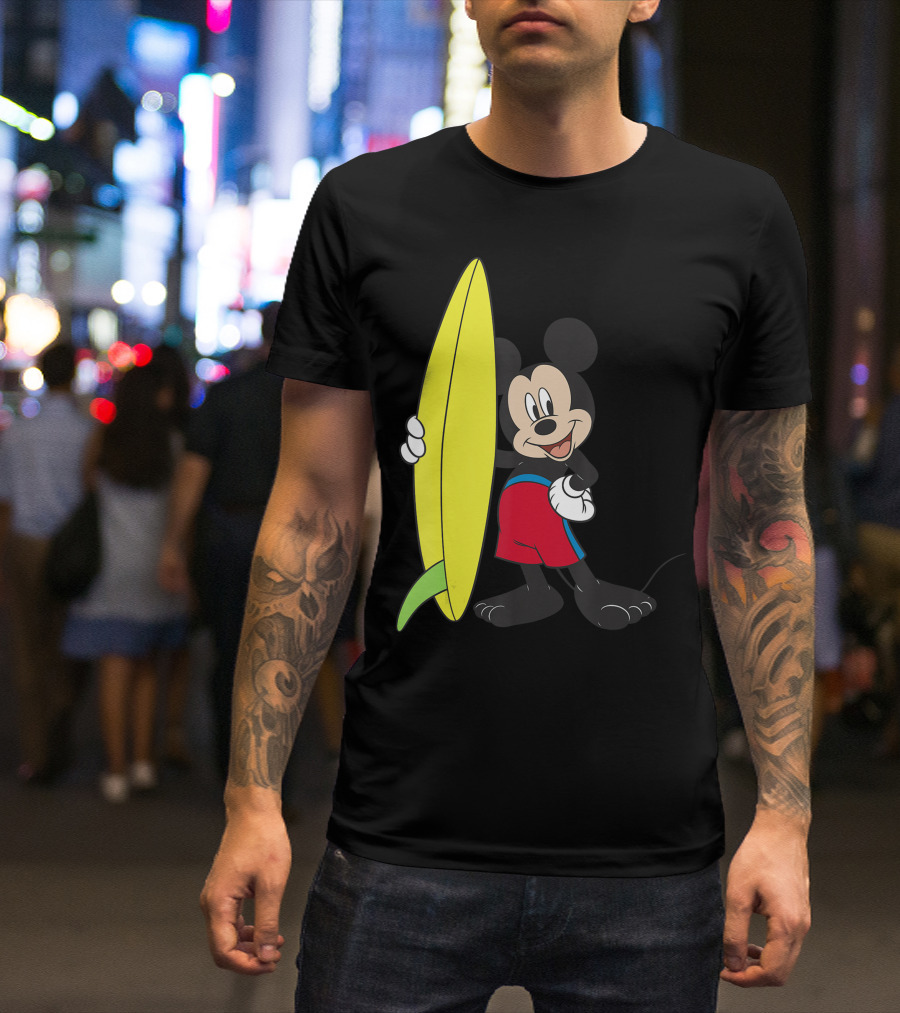 Disney Mickey Mouse Surfer Cartoon Character With Yellow Surfboard And Red Shorts T-Shirt