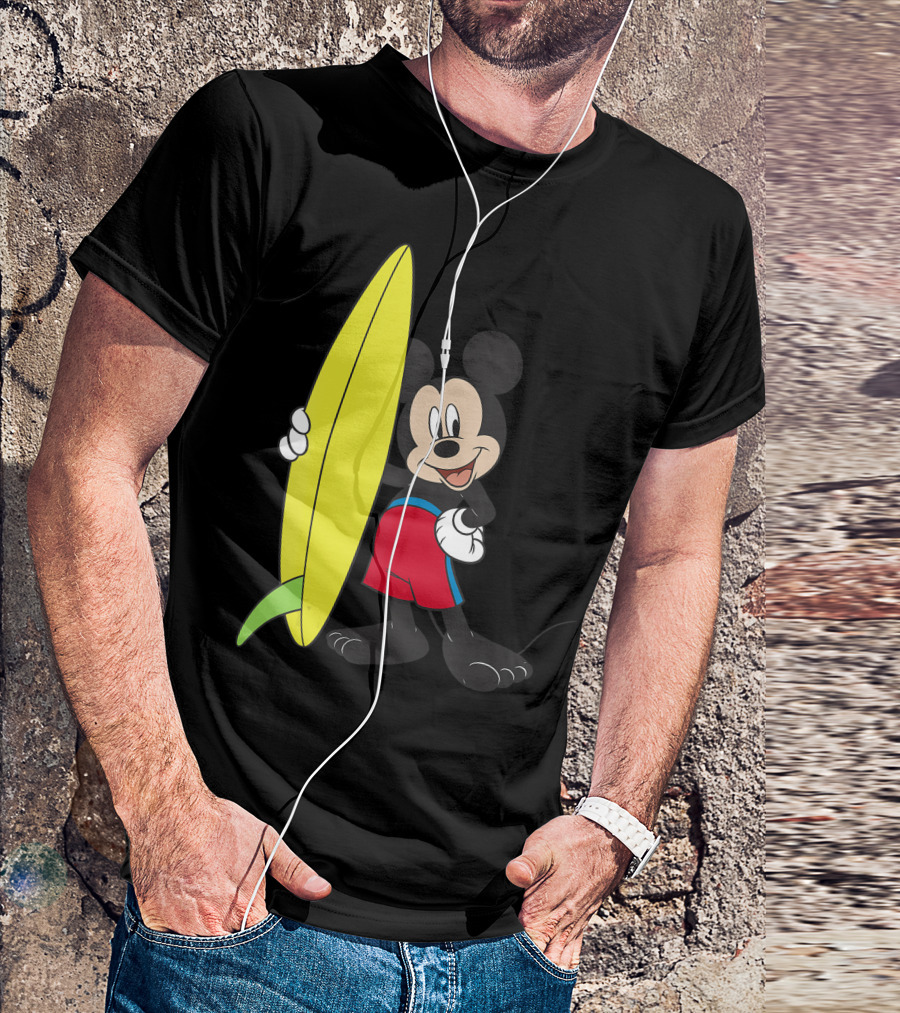 Disney Mickey Mouse Surfer Cartoon Character With Yellow Surfboard And Red Shorts T-Shirt
