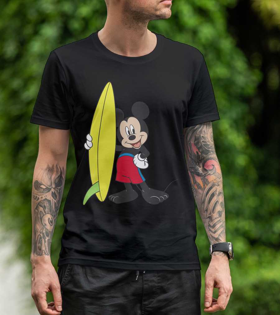 Disney Mickey Mouse Surfer Cartoon Character With Yellow Surfboard And Red Shorts T-Shirt