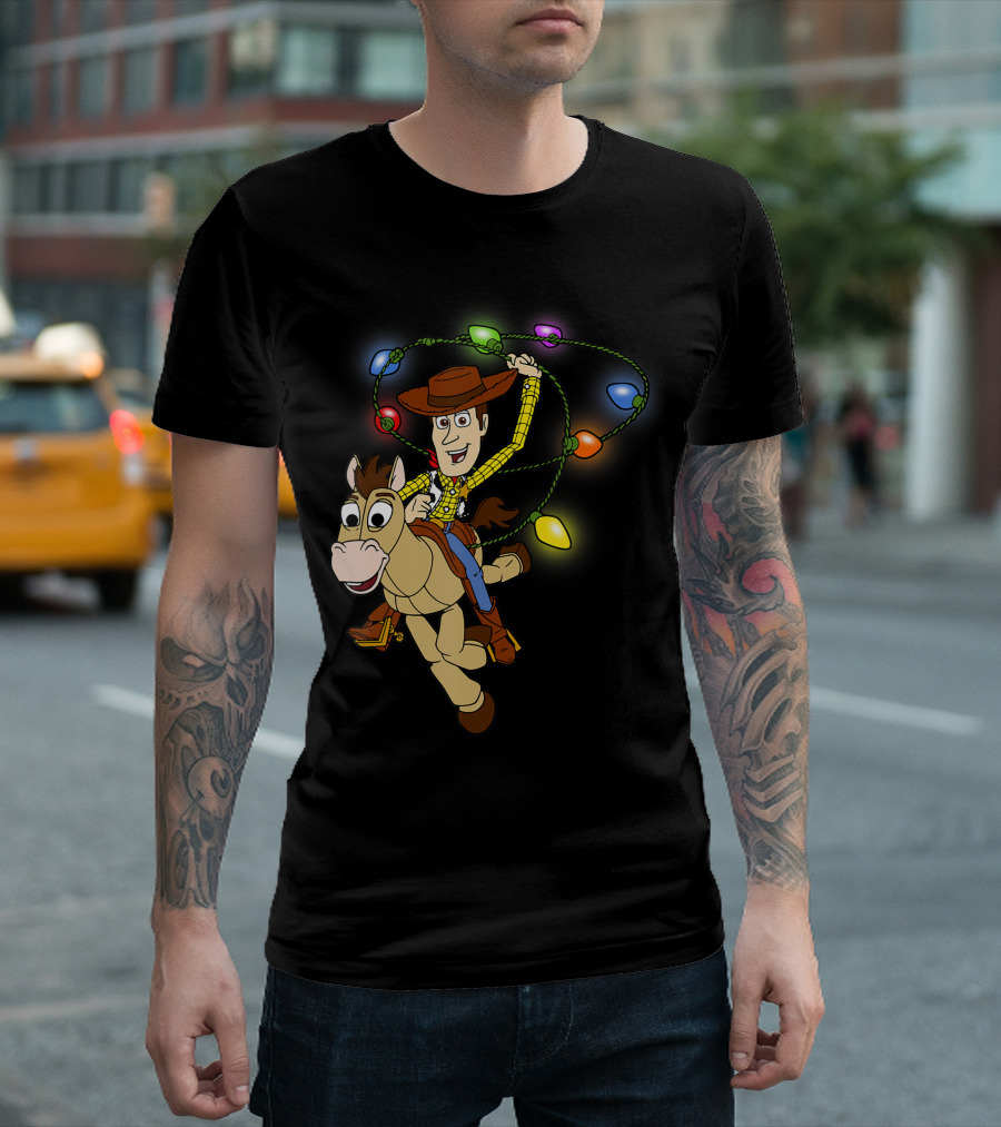 Toy Story Woody Riding Bullseye with Colorful Christmas Light Lasso T-Shirt