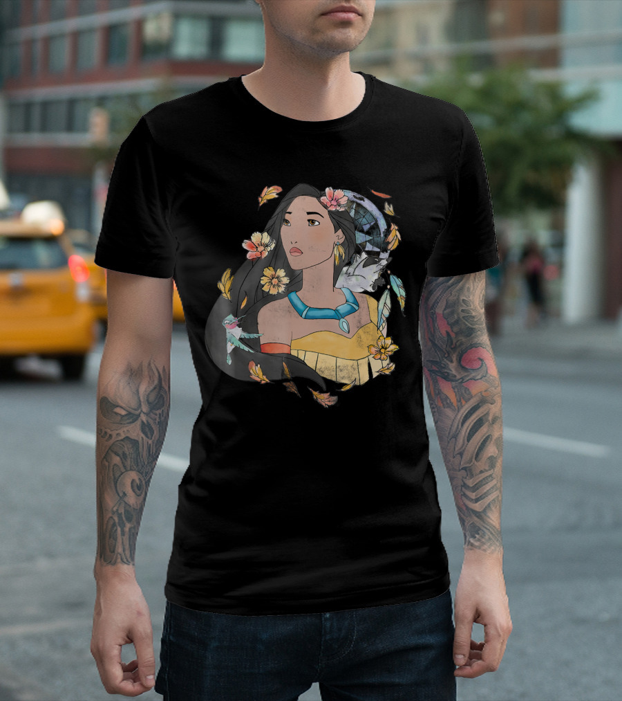 Disney Pocahontas Watercolor Dreamcatcher Flowers Leaves And Feathers T-Shirt