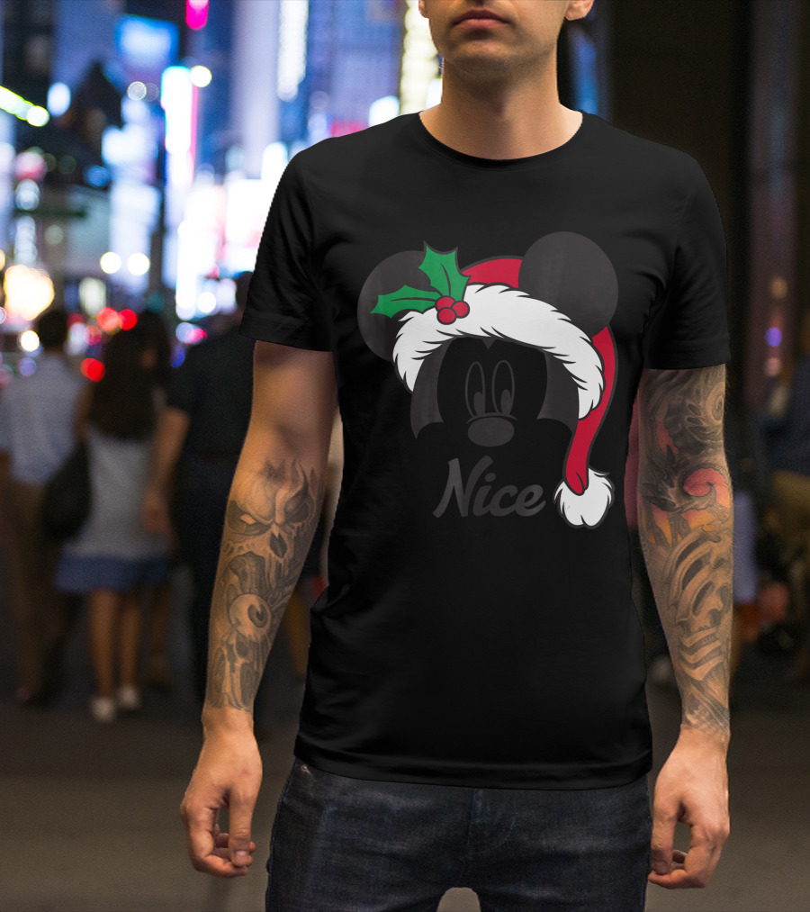 Disney Mickey Santa Hat Holly Nice T-Shirt