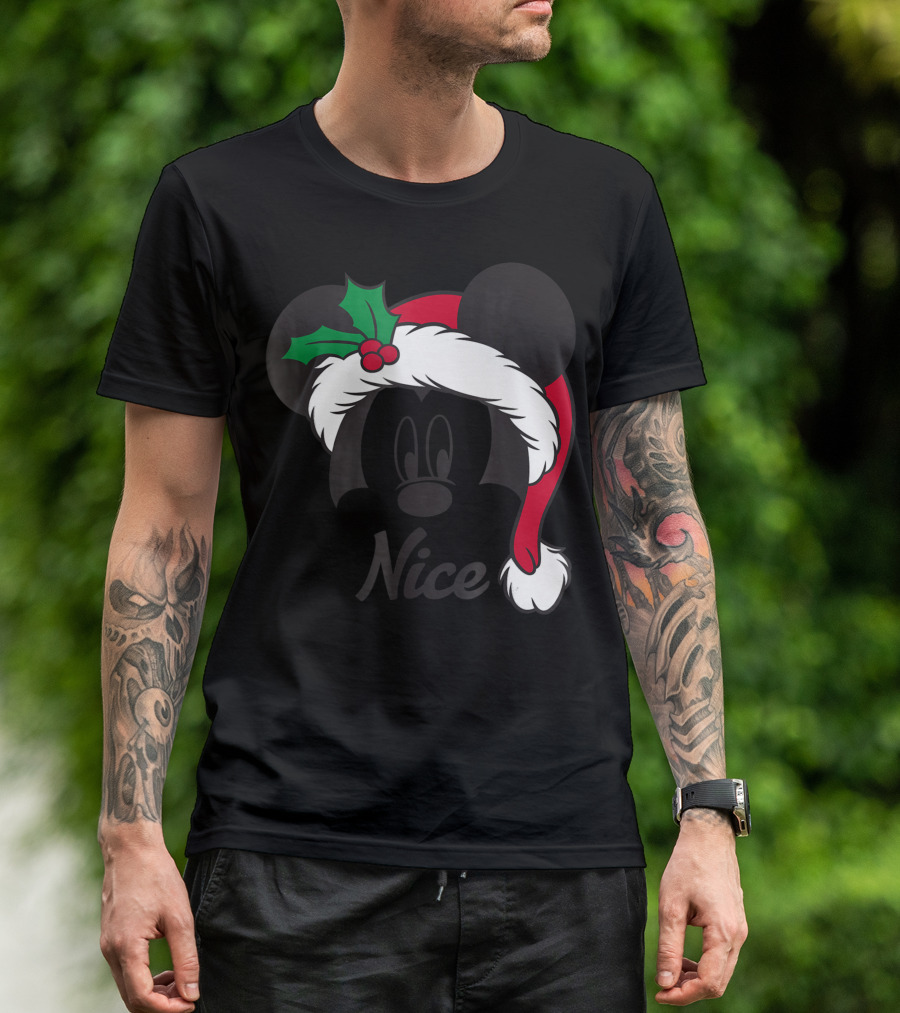 Disney Mickey Santa Hat Holly Nice T-Shirt