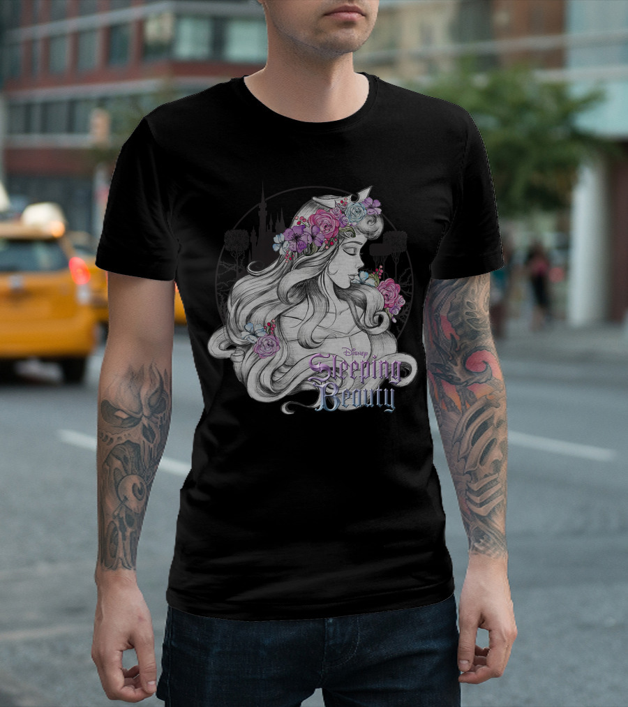 Disney Sleeping Beauty Floral Sketched Portrait with Flowers T-Shirt