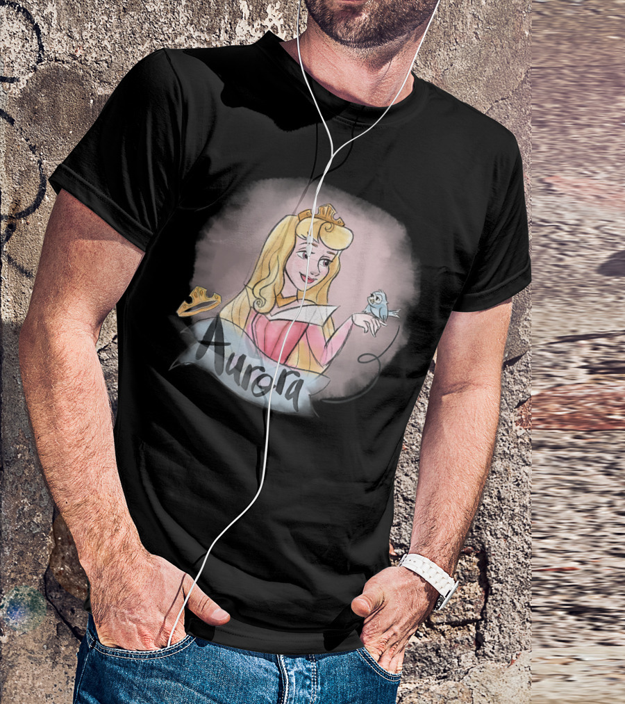 Princess Aurora In Pink Dress With Crown And Bluebird T-Shirt