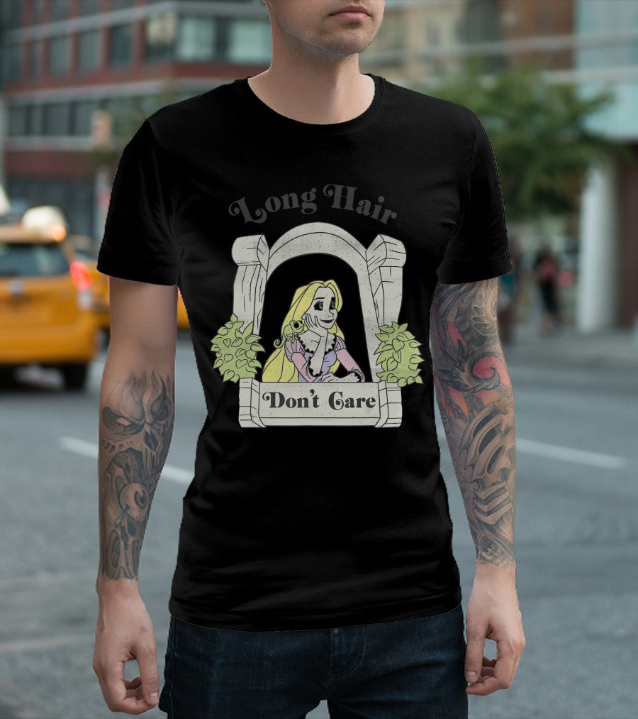 Disney Tangled Rapunzel Long Hair Don't Care in Tower Window with Pascal T-Shirt