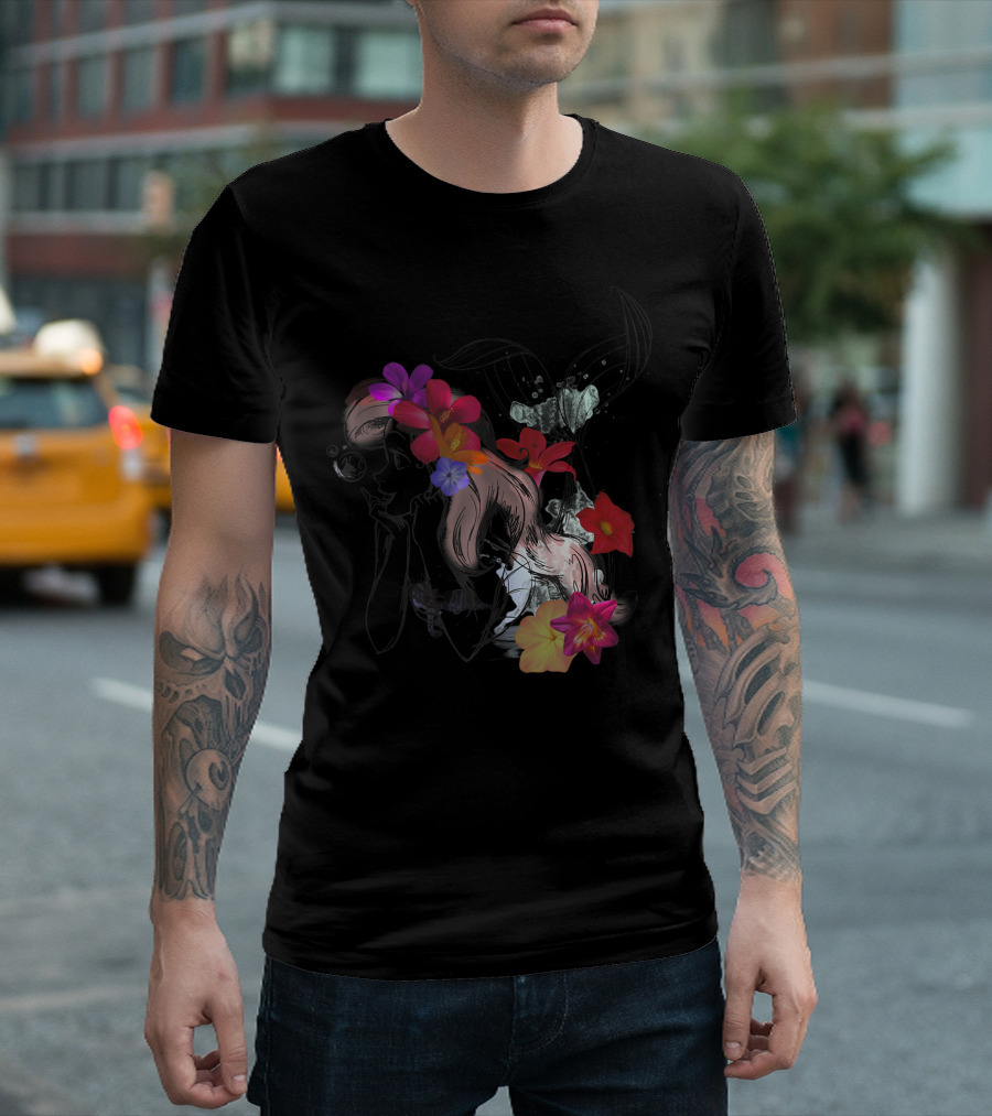 Disney The Little Mermaid Ariel Floral Watercolor Outline T-Shirt
