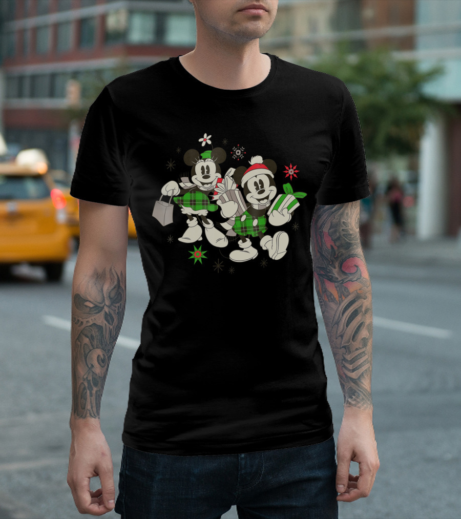 Disney Vintage Mickey and Minnie Mouse Holiday Fun with Presents and Winter Outfits T-Shirt