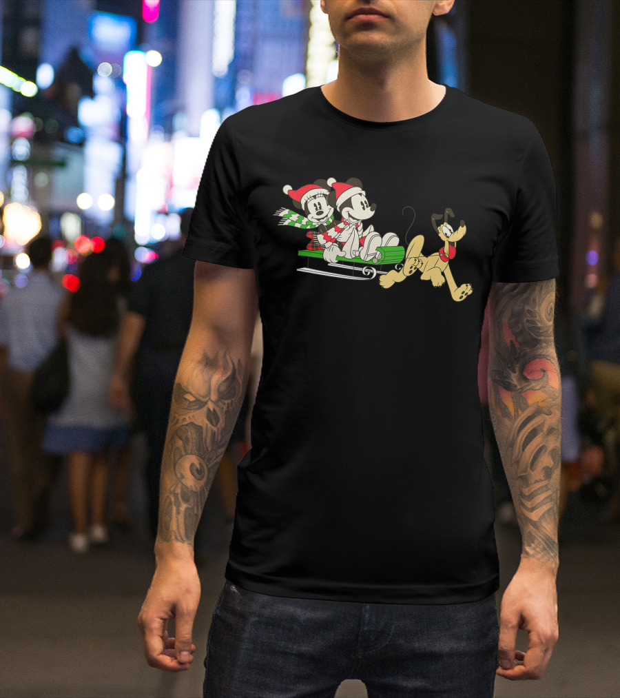 Disney Vintage Mickey Minnie Pluto Holiday Sleigh Ride T-Shirt