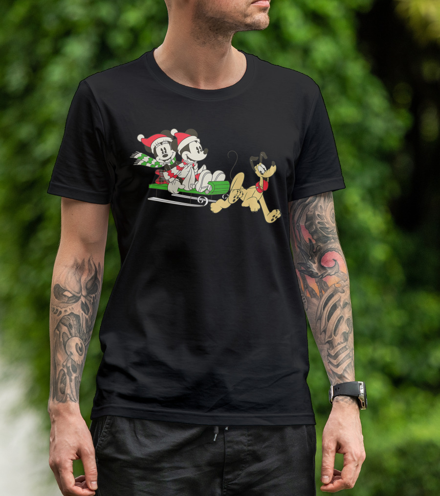 Disney Vintage Mickey Minnie Pluto Holiday Sleigh Ride T-Shirt