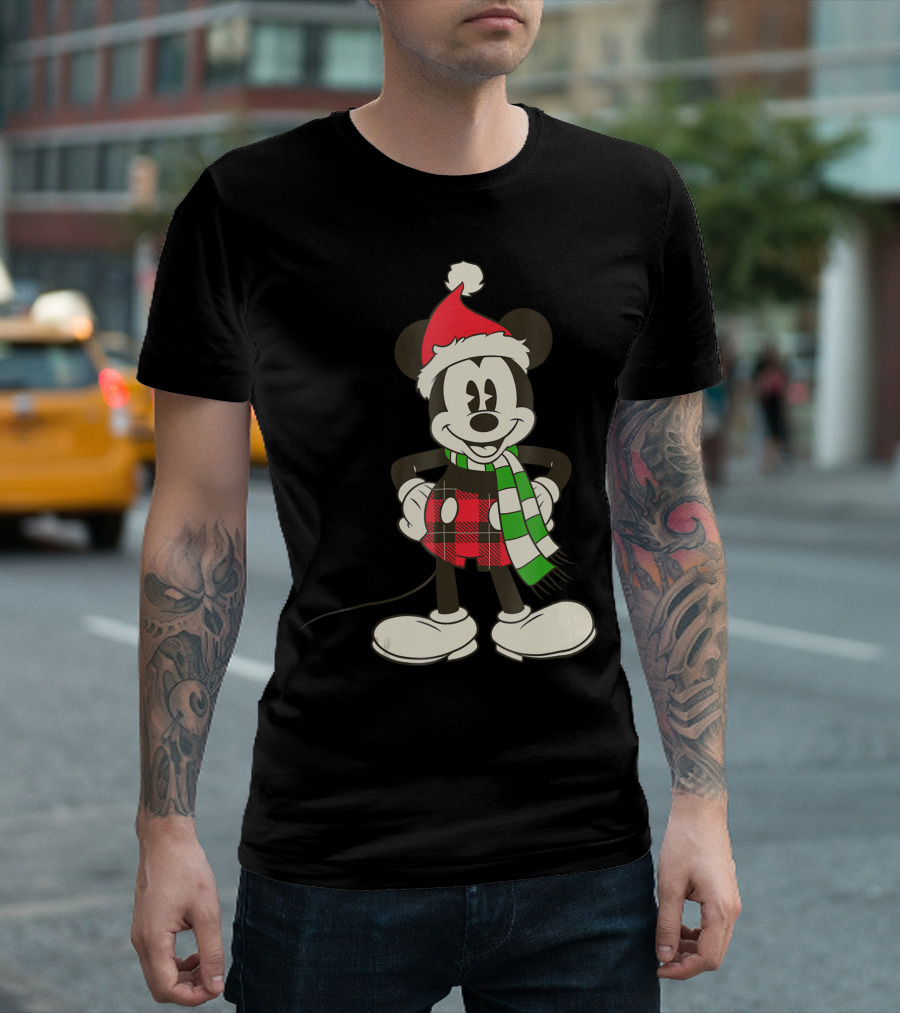 Disney Vintage Mickey Mouse Santa Hat And Plaid Scarf Holiday T-Shirt