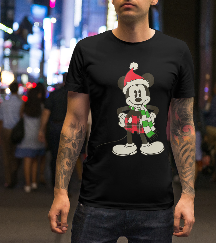 Disney Vintage Mickey Mouse Santa Hat And Plaid Scarf Holiday T-Shirt
