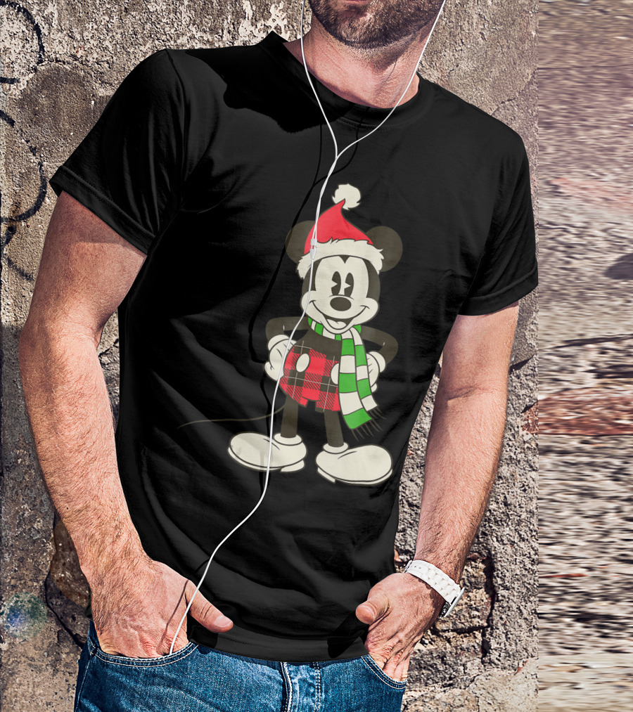 Disney Vintage Mickey Mouse Santa Hat And Plaid Scarf Holiday T-Shirt