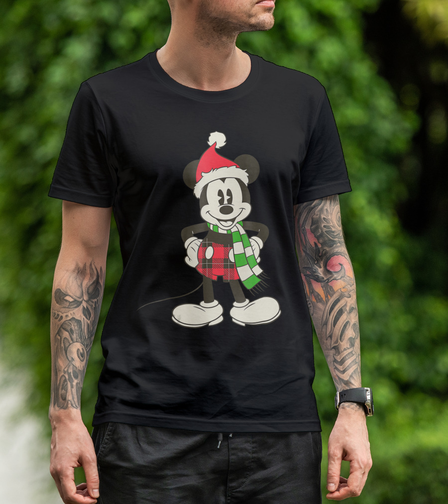 Disney Vintage Mickey Mouse Santa Hat And Plaid Scarf Holiday T-Shirt