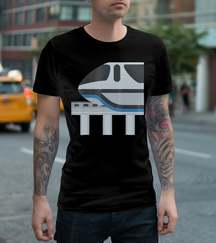 Monorail Train Iconic Side View Blue and Gray Striping Elevated Track T-Shirt