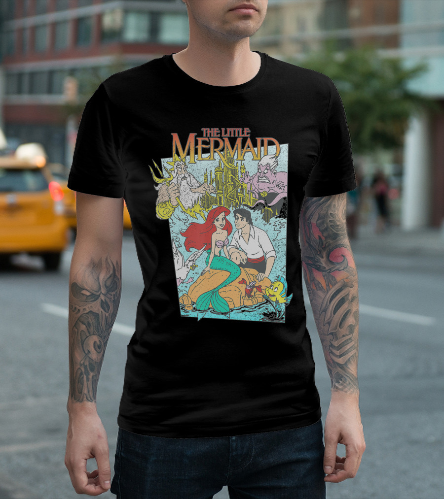 The Little Mermaid Vintage Cover Featuring Ariel, Eric, Triton, Ursula, and Flounder T-Shirt