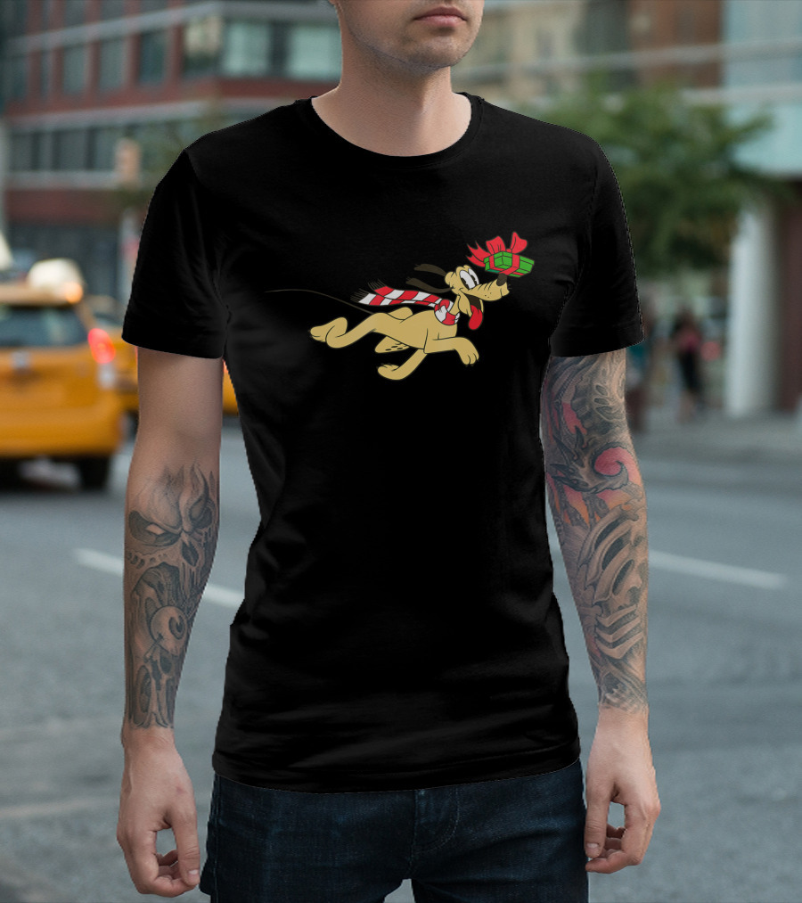 Disney Vintage Pluto Festive Running with Presents and Scarf T-Shirt