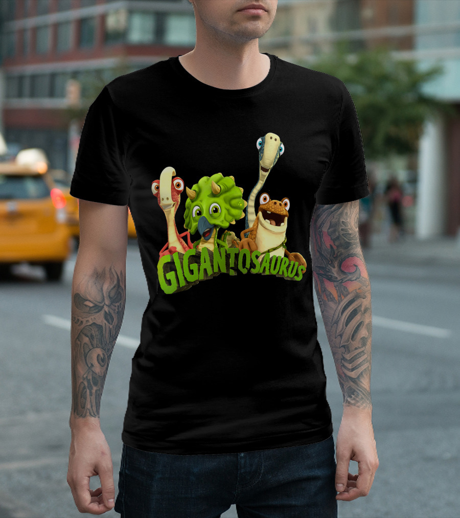 Gigantosaurus With Four Smiling Cartoon Dinosaurs T-Shirt