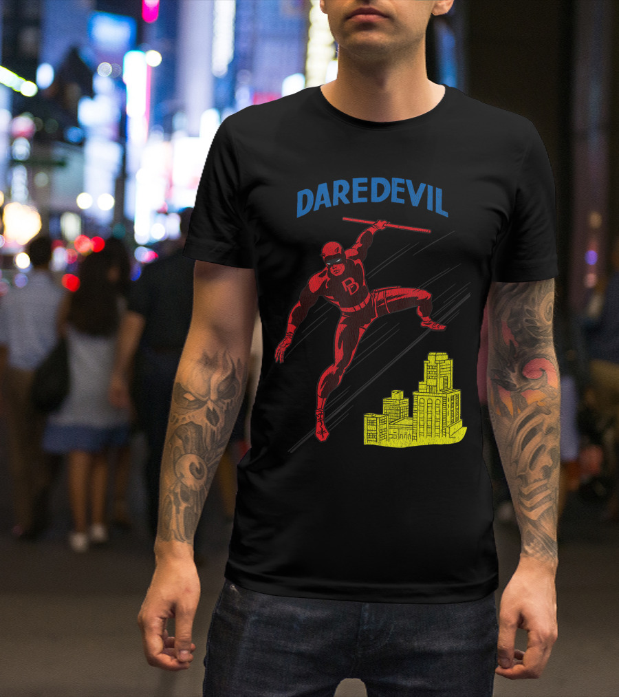 Marvel Daredevil Leaping With Billy Club Over Cityscape T-Shirt