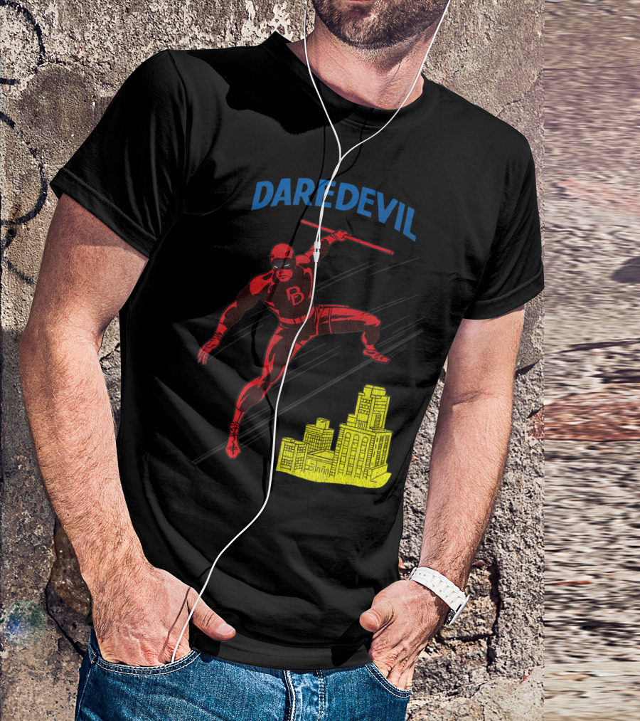 Marvel Daredevil Leaping With Billy Club Over Cityscape T-Shirt