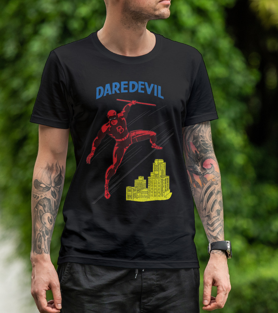 Marvel Daredevil Leaping With Billy Club Over Cityscape T-Shirt