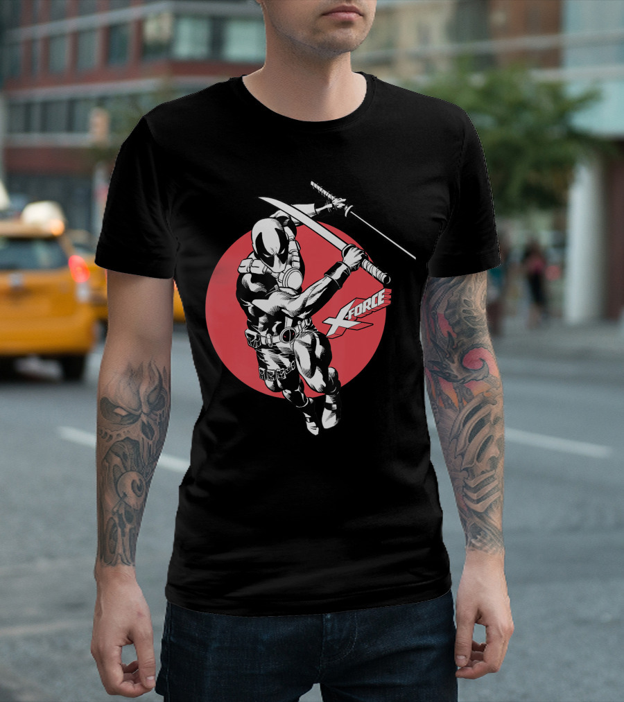 Marvel Deadpool X Force Black and Red Samurai Swords T-Shirt
