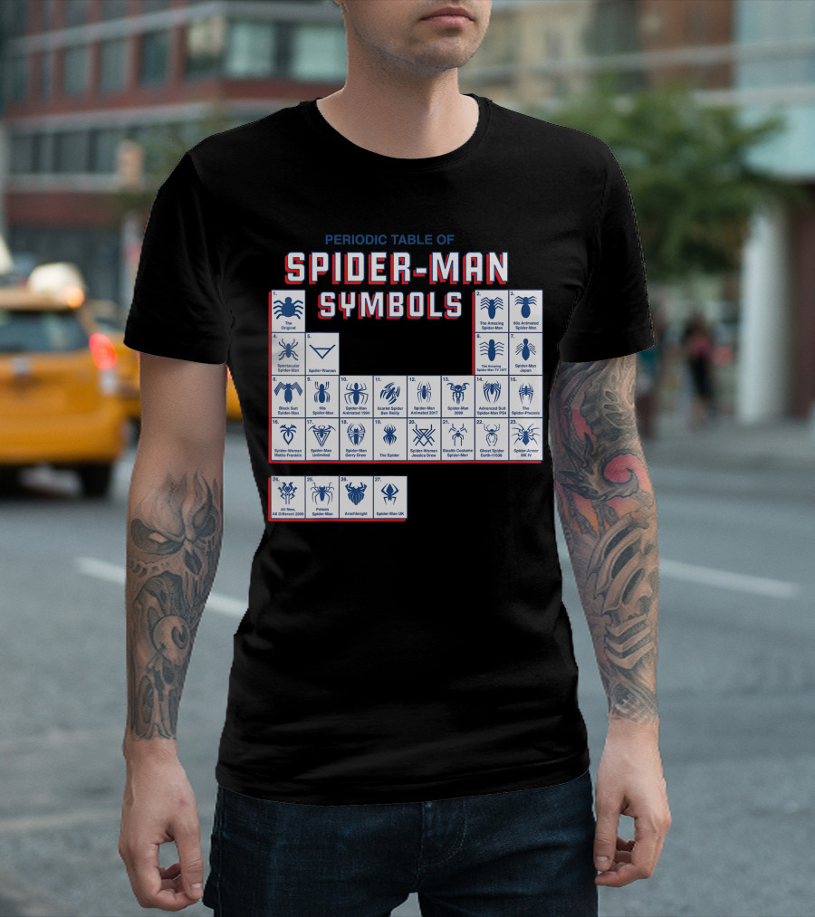 Periodic Table of Spider-Man Symbols Featuring Original Scarlet and Iron Variants T-Shirt