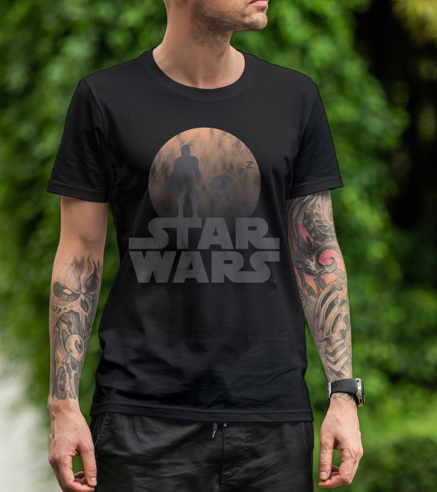 Star Wars Mandalorian Sleeping Child Silhouette Moon Background T-Shirt