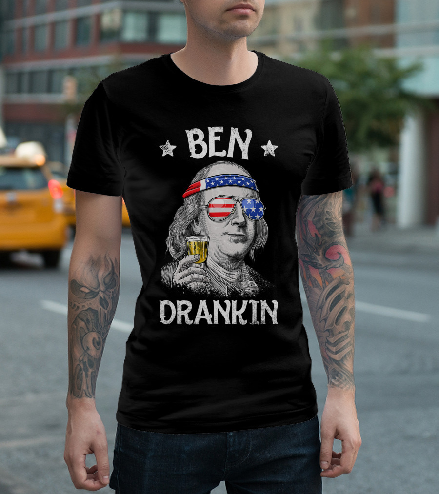 Ben Drankin 4th of July Benjamin Franklin with American Flag Headband and Sunglasses T-Shirt