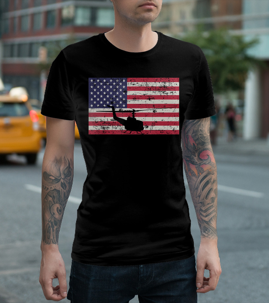 Bell UH-1 Huey American Flag USA Helicopter Patriotic T-Shirt