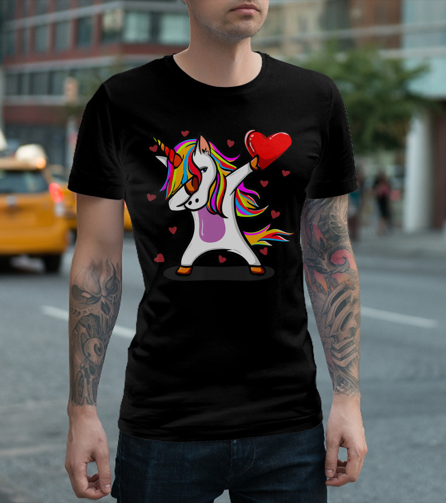 Dabbing Unicorn Holding Heart With Colorful Mane Valentines Day T-Shirt