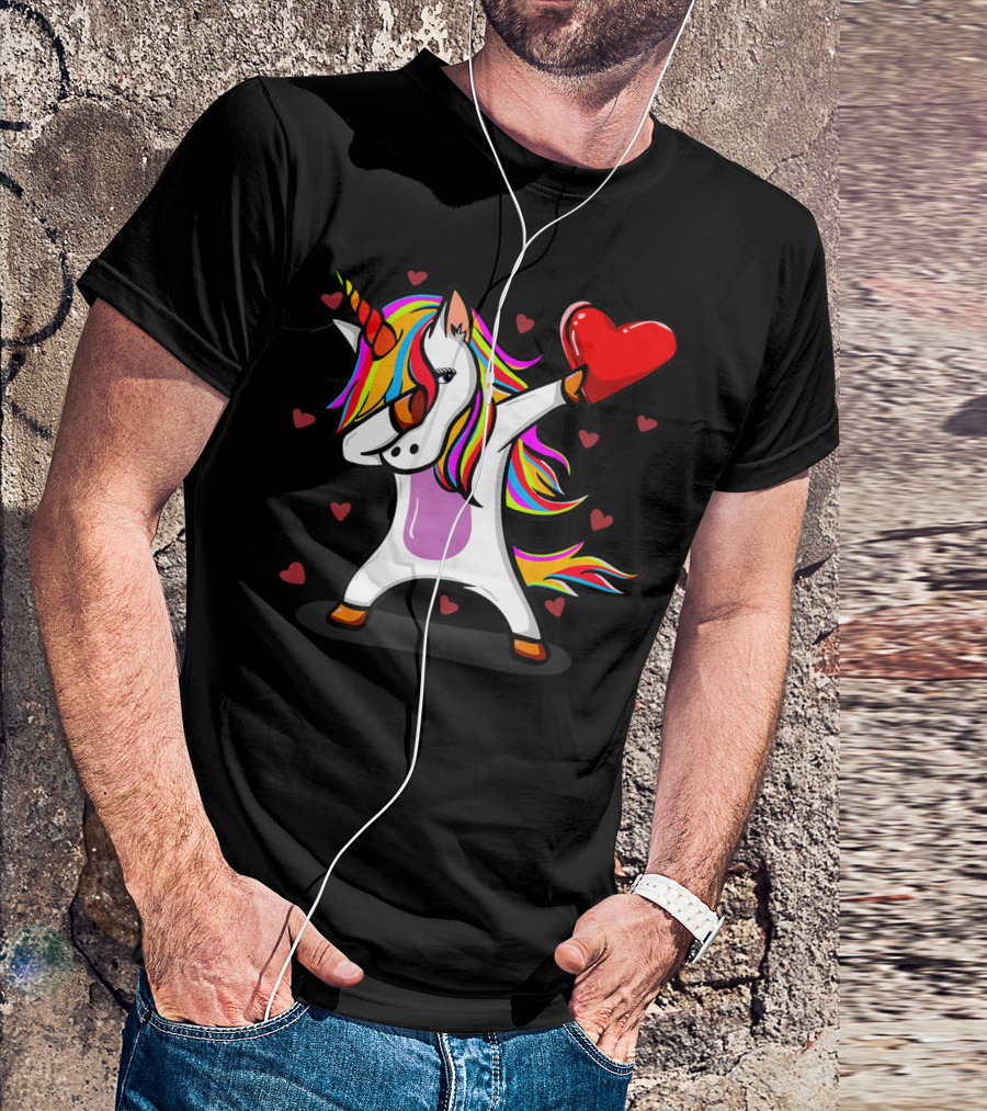 Dabbing Unicorn Holding Heart With Colorful Mane Valentines Day T-Shirt