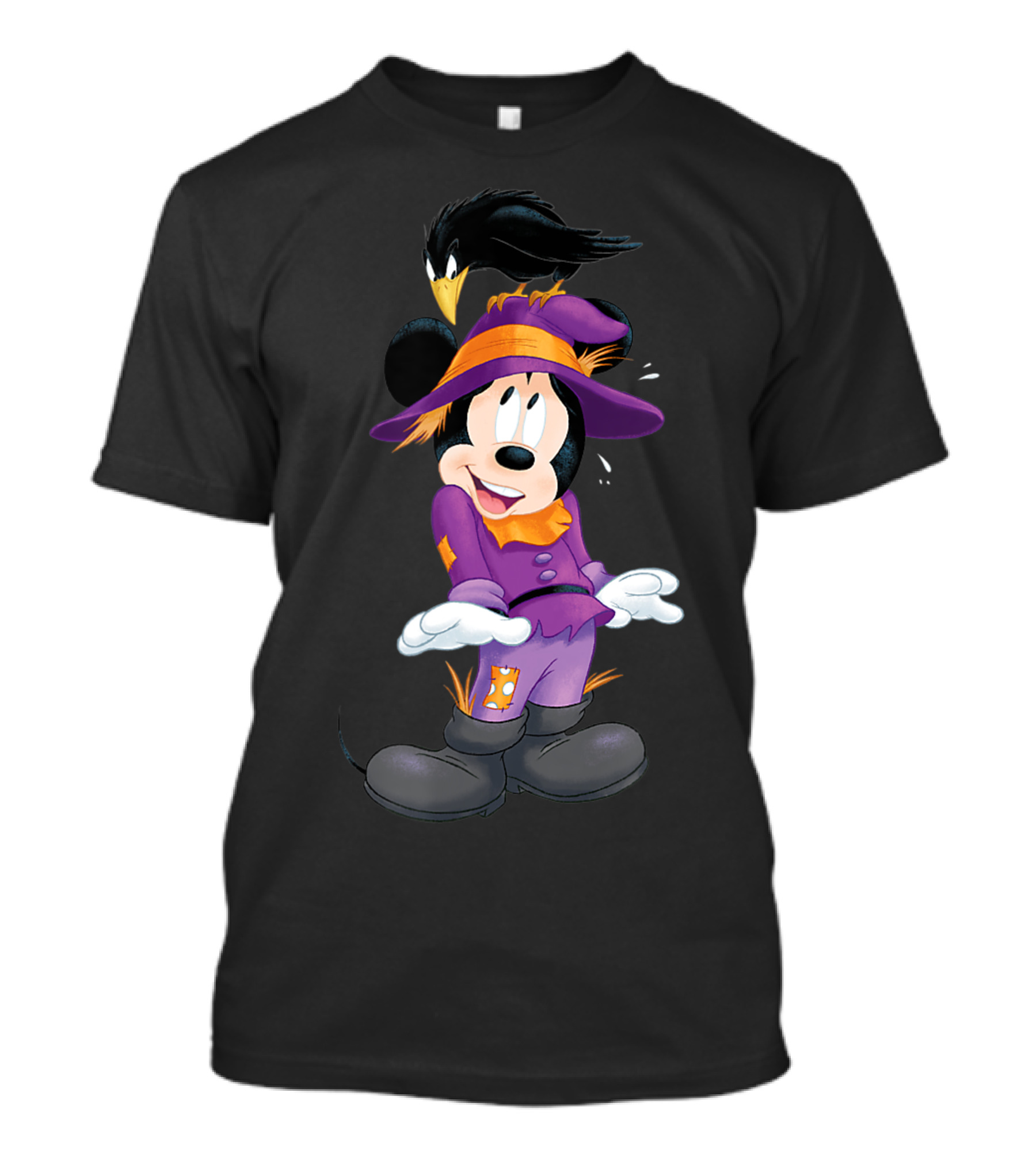 Mickey Mouse Halloween Scarecrow With Purple Outfit And Crow T-Shirt