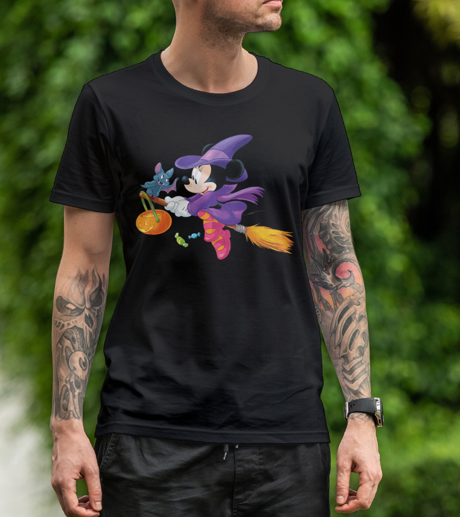 Disney Halloween Minnie Mouse Witch On Broomstick With Bat And Pumpkin T-Shirt