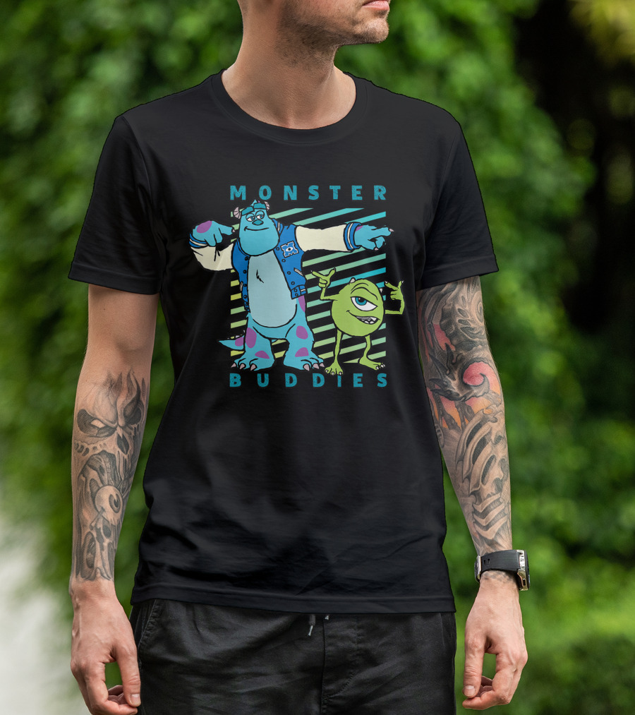 Disney Pixar Sulley And Mike Wazowski Monster Buddies Graphic With Stripes T-Shirt