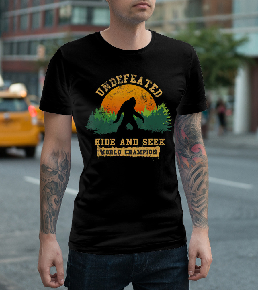 Hide And Seek World Champion Undefeated Bigfoot Retro Forest Sunset T-Shirt