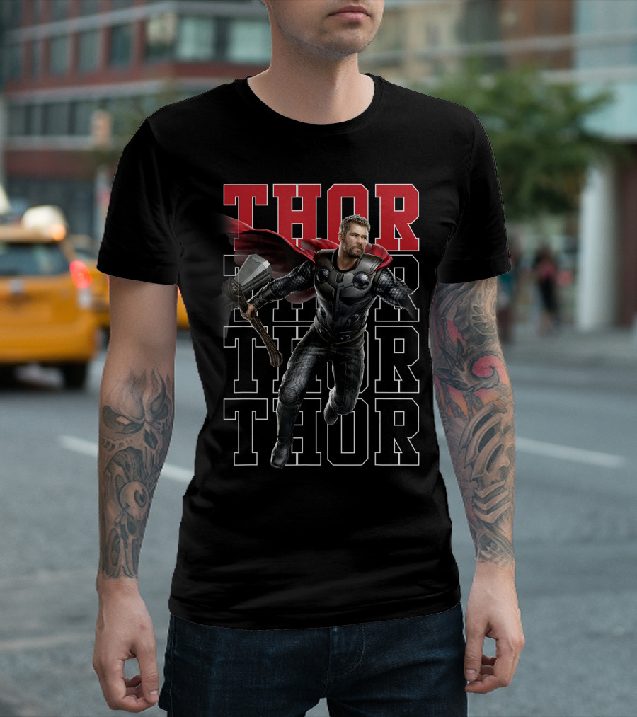 Marvel Avengers Endgame Thor Dynamic Pose with Name Stack T-Shirt