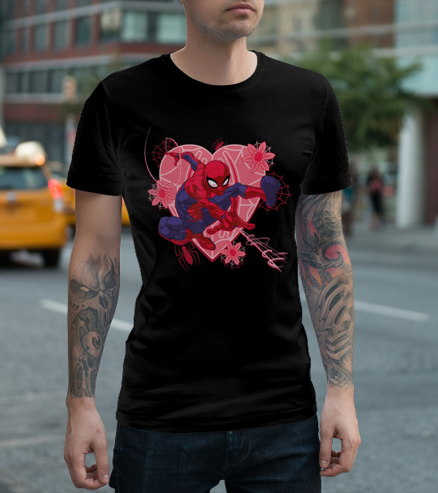 Marvel Spider Man Hearts And Flowers Valentine’s Day Web-Swinging Action T-Shirt