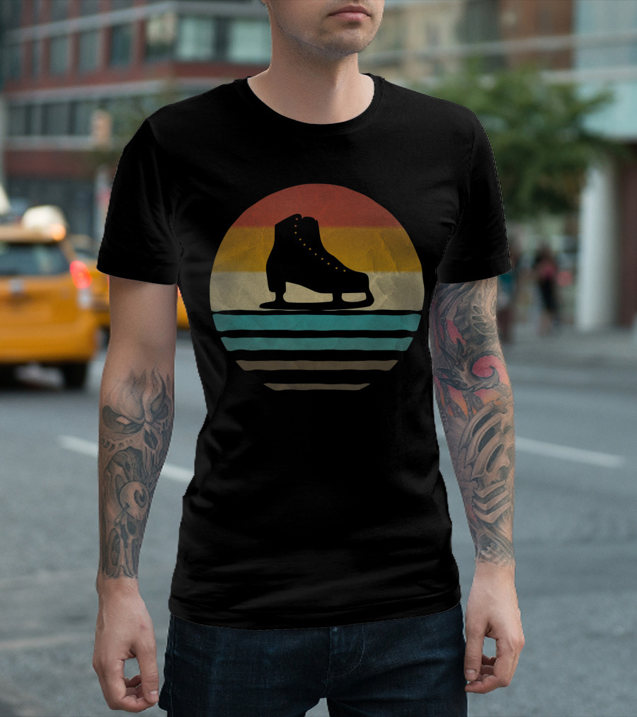 Retro Vintage Ice Skating Silhouette With Striped Sunset Background T-Shirt