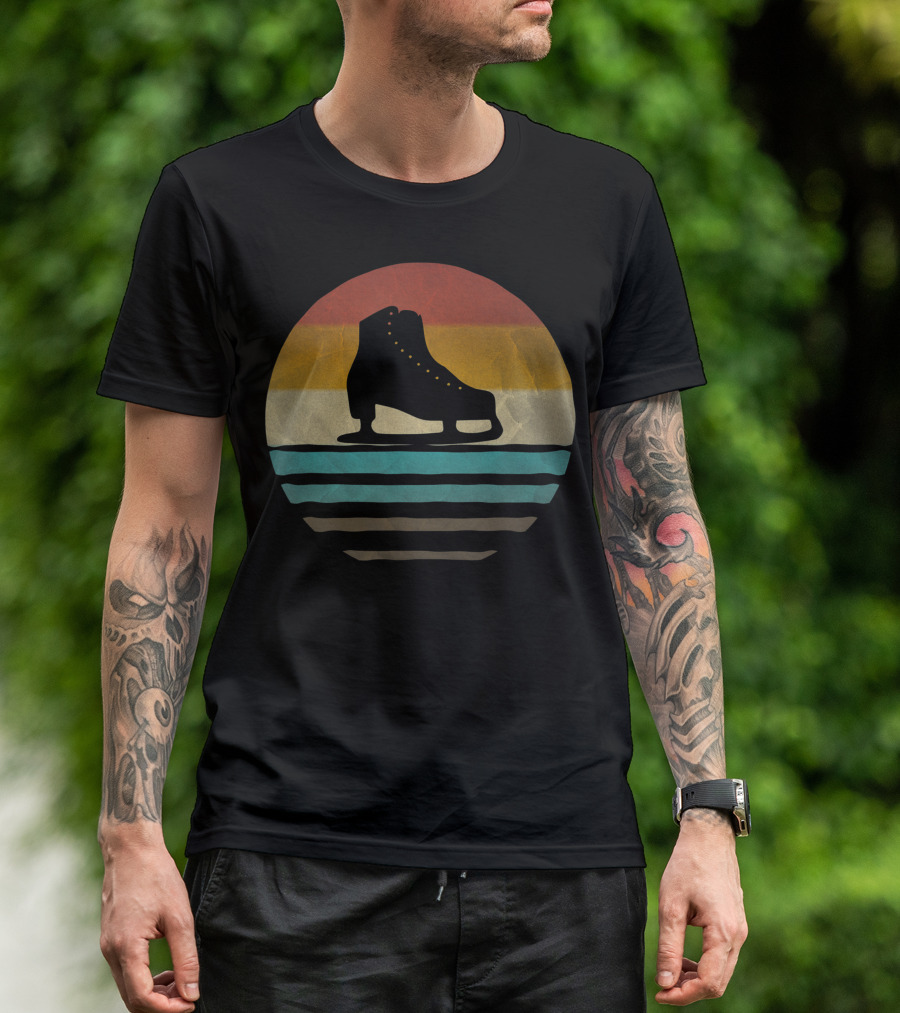 Retro Vintage Ice Skating Silhouette With Striped Sunset Background T-Shirt